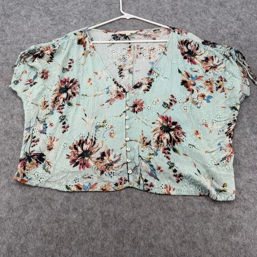 Lovestitch Floral Eyelet Button Front Crop Top Sage Green Large I-11659W-PJM